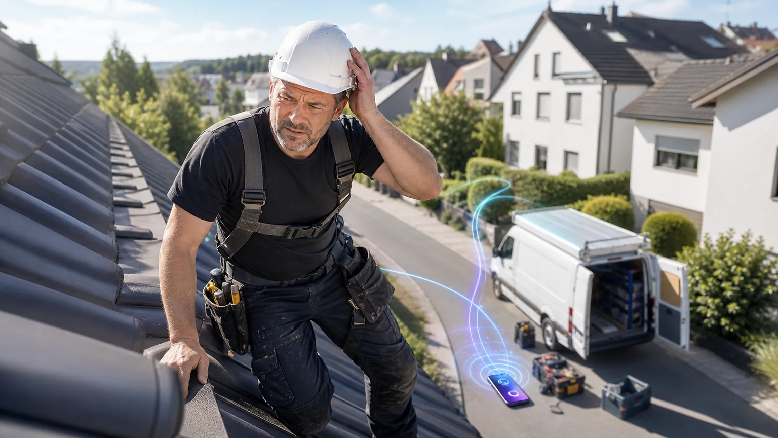 Dachdecker auf dem Dach, während unten am Fahrzeug ein Smartphone klingelt