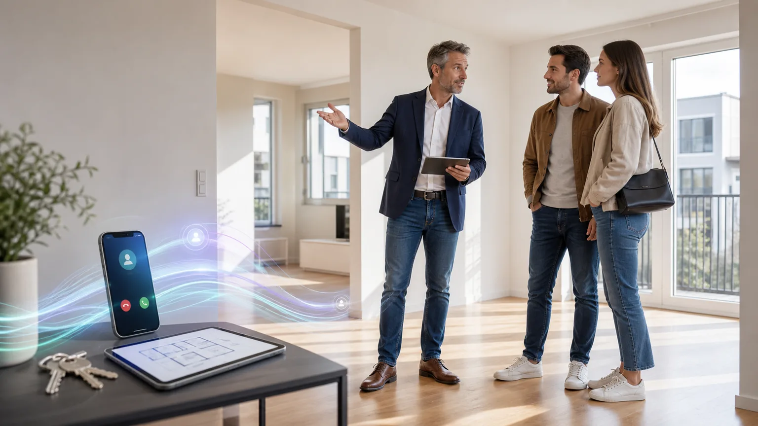 Immobilienmakler bei einer Besichtigung, während neue Leads digital eingehen