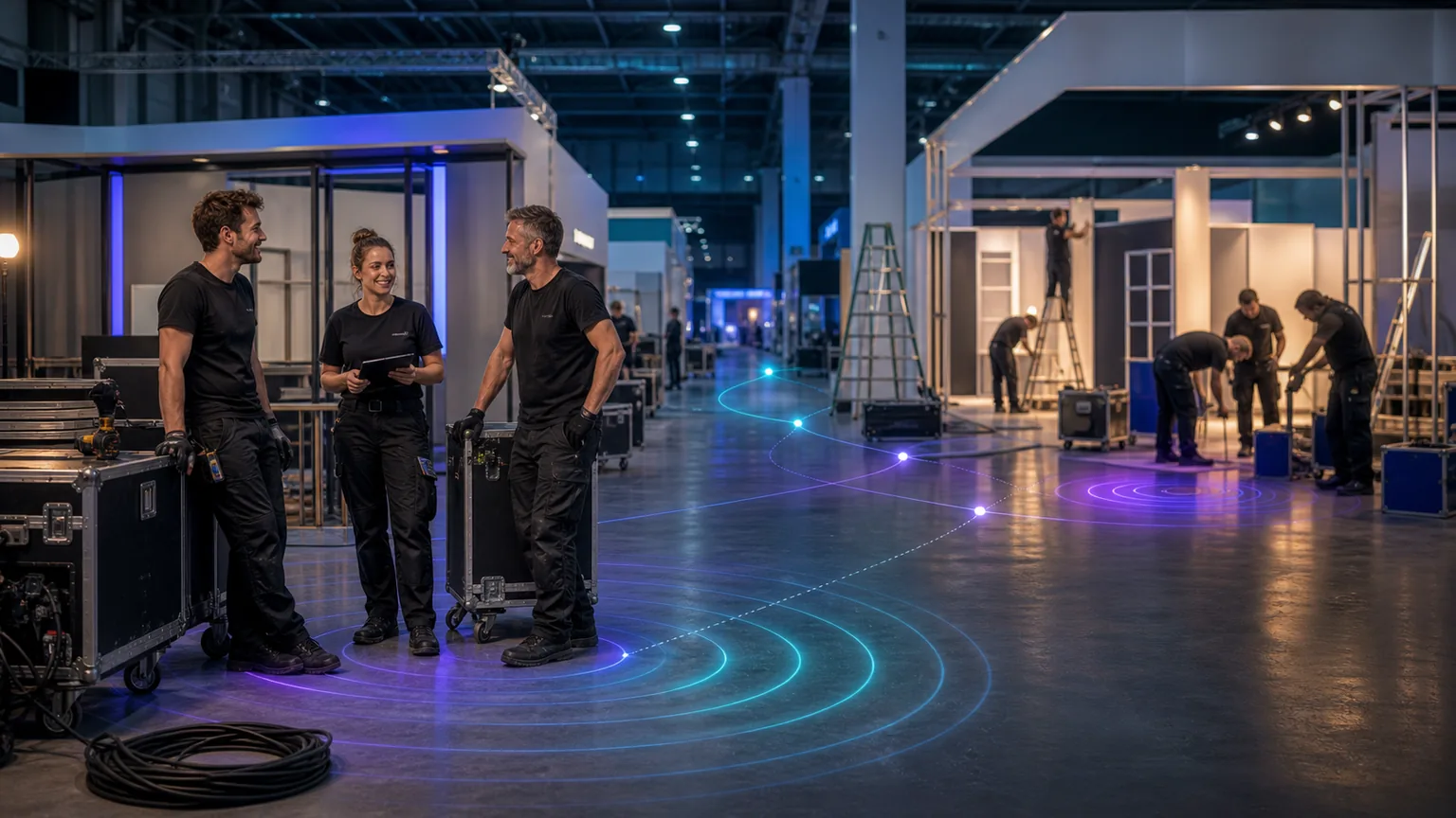 Messehalle mit Monteuren und digitalem Radar-Layer für freie Teams und offene Aufträge