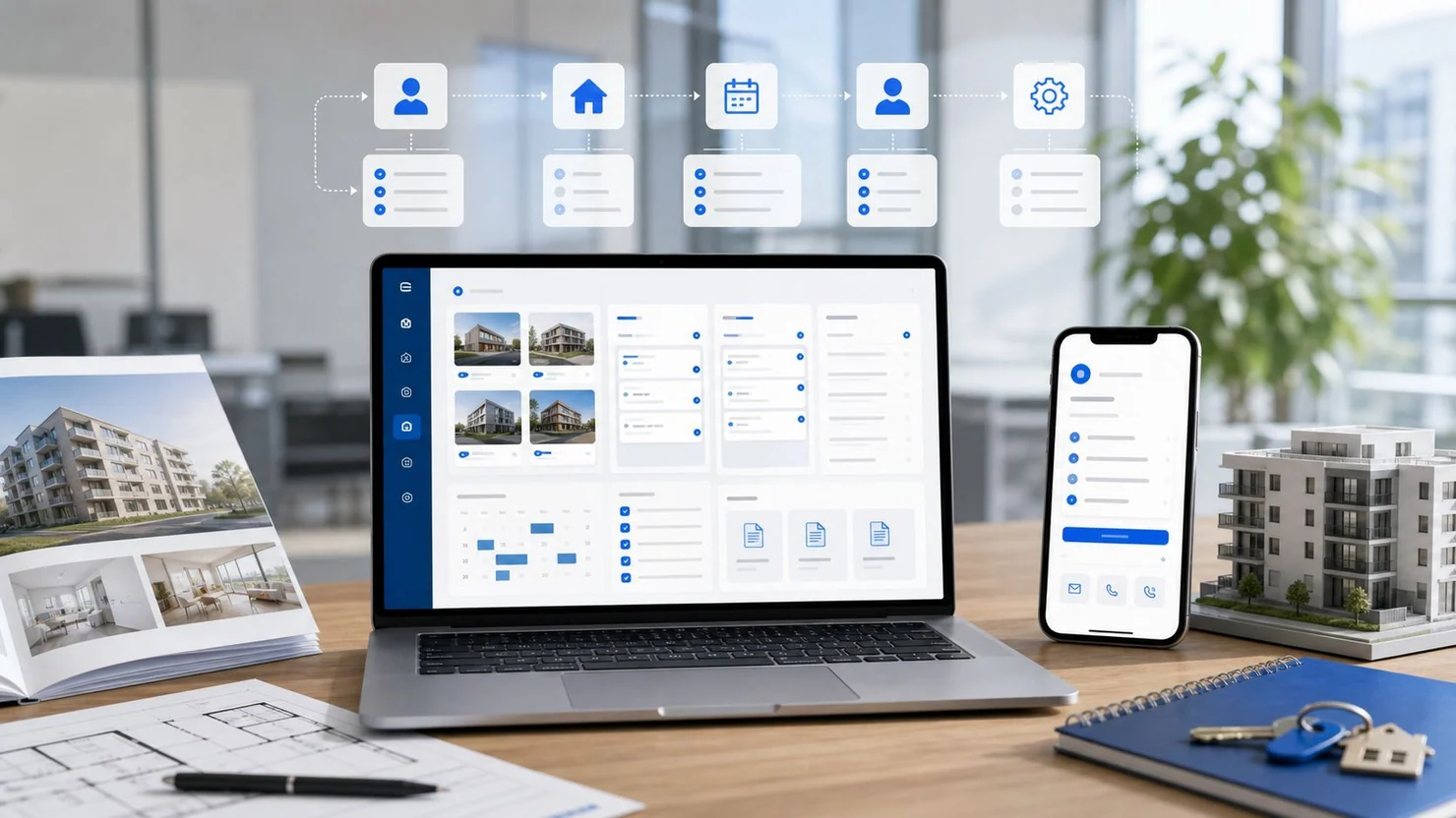 Immobilien-CRM mit Laptop, Smartphone und Objektunterlagen