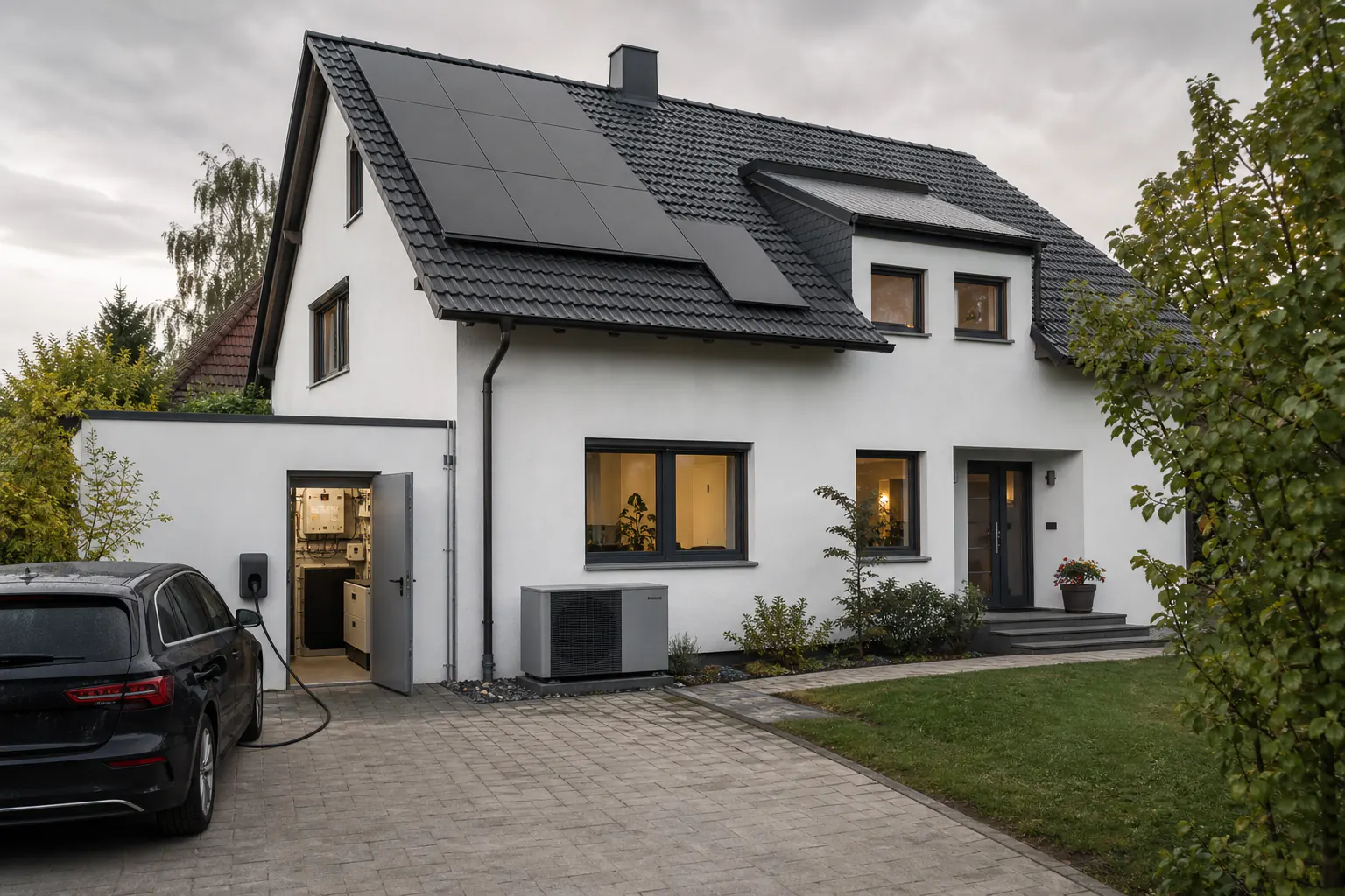 Visualisierung eines modernisierten Einfamilienhauses in Deutschland mit Photovoltaik, Wärmepumpe, Wallbox und Technikraum