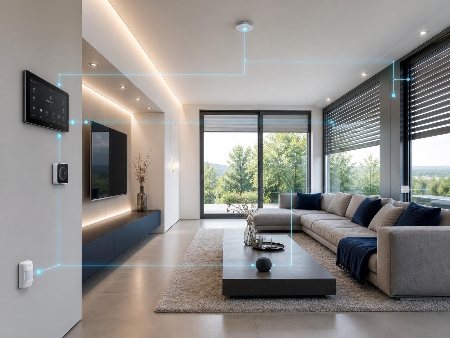 Vernetzter Wohnraum mit Touchpanel, Thermostat, Präsenzsensor, Beleuchtung und automatisierter Beschattung
